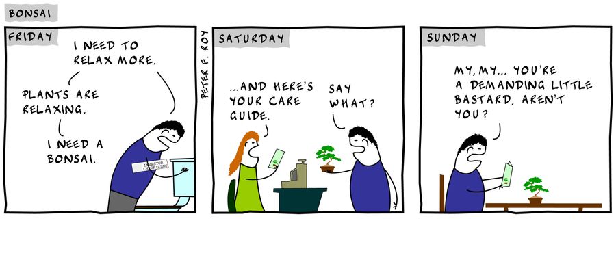 'I need to relax more.' - 'Plants are relaxing.' - 'I need a bonsai.' - '...and here's your care guide.' - 'Say what?' - 'My, my... you're a demanding little bastard, aren't you?'