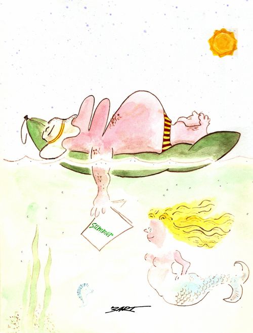 Mermaid reads sleeping tourists book.