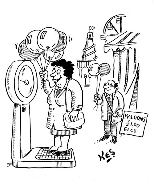 Woman puts baloons to make herself appear lighter on weighing scale.