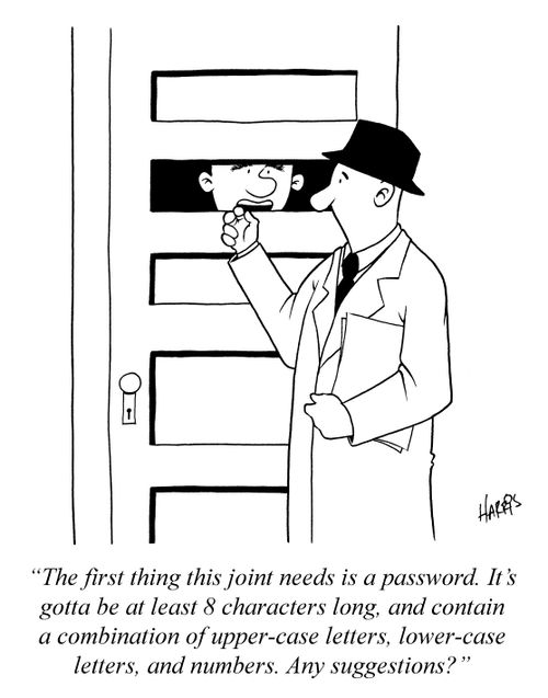 'The first thing this joint needs is a password. It's gotta be at least 8 characters long, and contain a combination of upper-case letters, lower-case letters, and numbers. Any suggestions?'