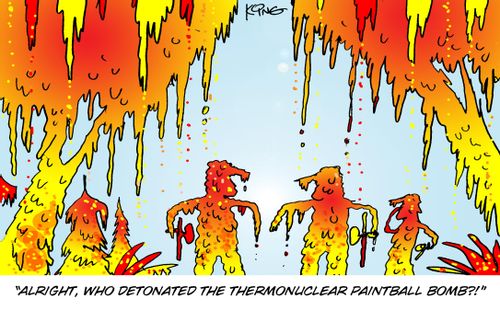 'Alright, who detonated the thermonuclear paintball bomb?'