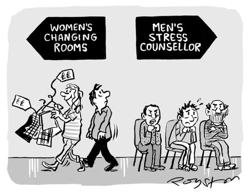 Man clothes shopping with wife sees signs for Women's Changing Rooms and Men's Stress Counsellor