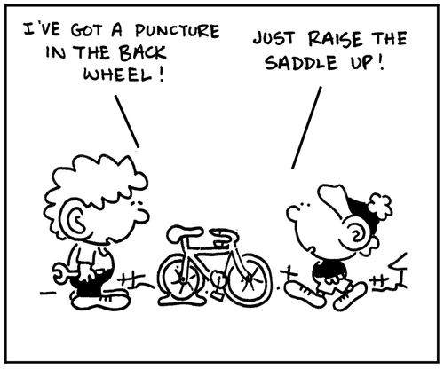 "I've got a punture in the back wheel." "Just raise the saddle up."