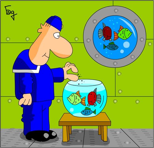 A sailor feeding fish in a submarine.