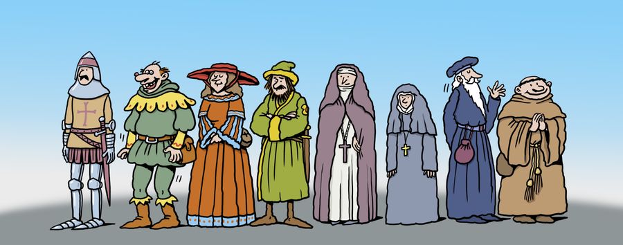 Eight medieval characters from the Canterbury Tales.
