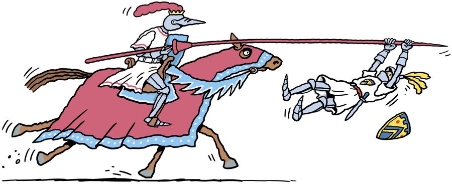 Two knights jousting,one hangs onto the lance of the other.
