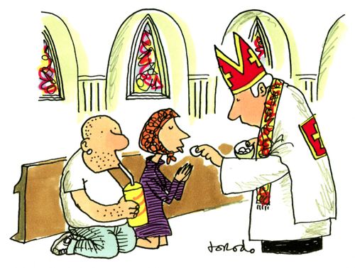 Man waiting to receive communion drinks soda 