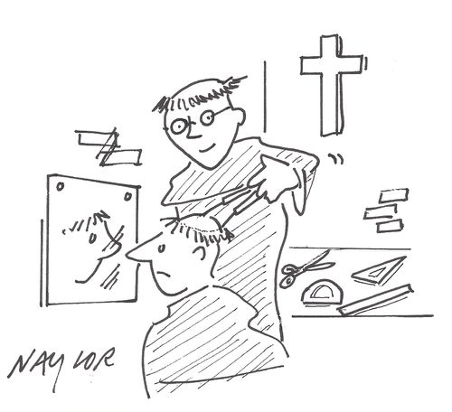 Monks haircutting with compasses