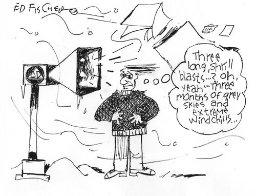 'Three long shrill blasts...? Oh, yeah...Three months of grey skies and extreme windchills...'
