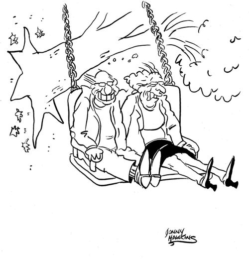Elderly man and woman swing high