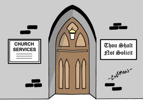 Sign on church reads 'Thou Shalt Not Solicit'.