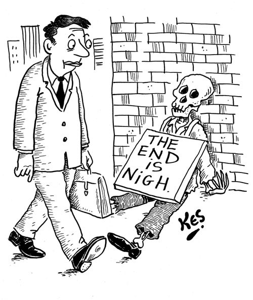 A man walks past a skeleton wearing a sign: 'THE END IS NIGH.'
