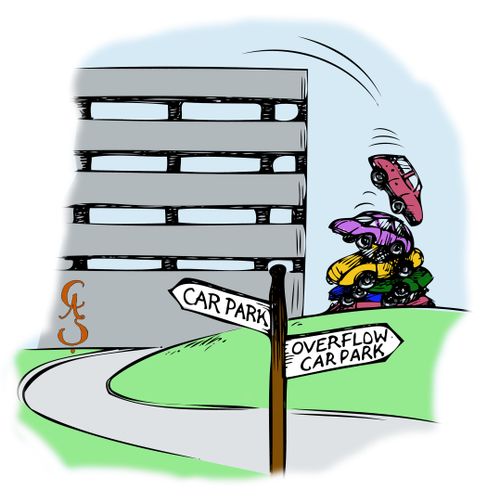 Cars falling off top of multistorey car park to 'overflow car park'.