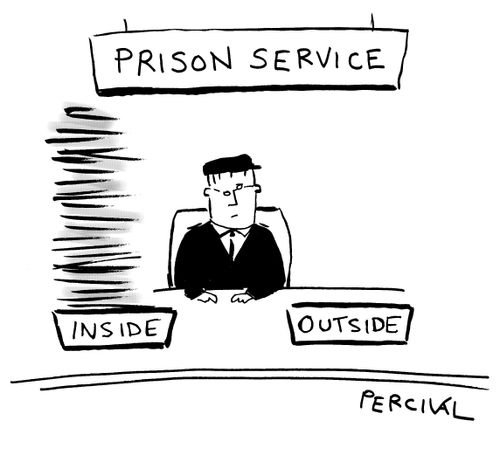Prison Service Guard sitting at his desk with 'Inside' and 'Outside' trays.