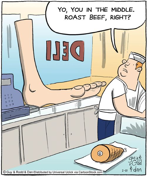 'Yo, you in the middle. Roast beef, right?'