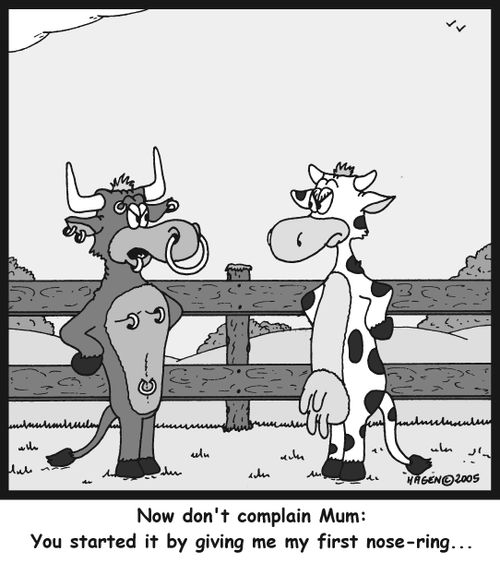 'Now don't complain Mum: You started it by giving me my first nose-ring...'