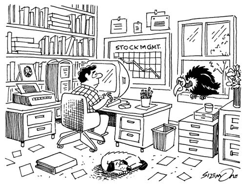 Man managing own stock portfolio with vulture in window.