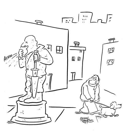 Man sees statue sneezing.