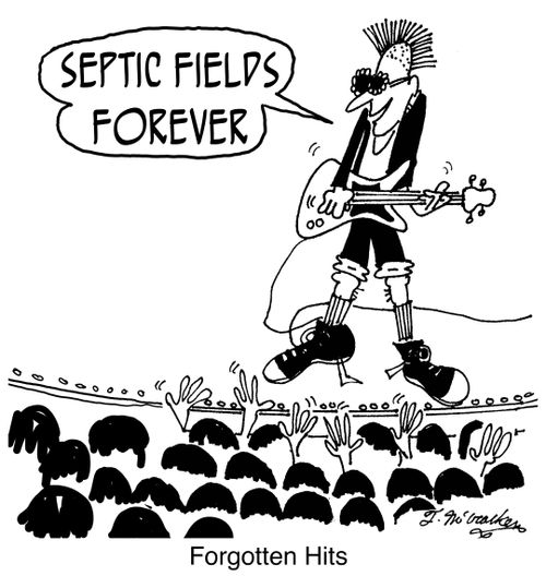 'Forgotten Hits.' A punk sings, 'Septic Fields Forever.'