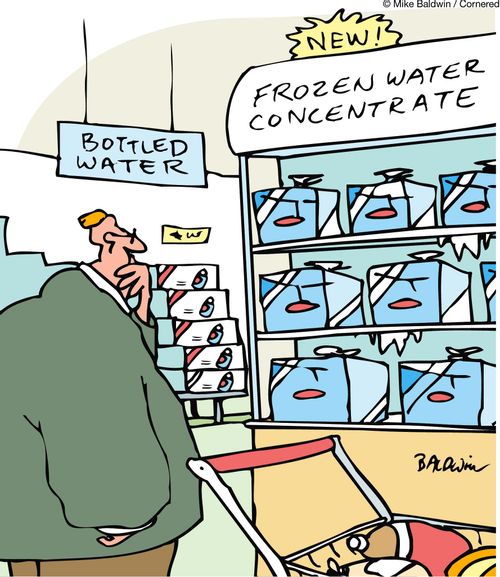 Bottled water. Frozen water concentrate.