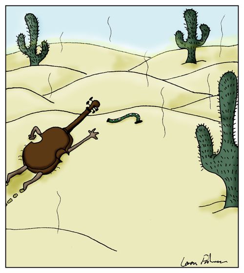 A violin crawls towards a Dampit in the desert. 