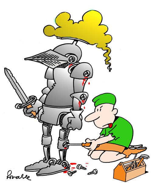 Servant unscrews knight from his suit of armour.