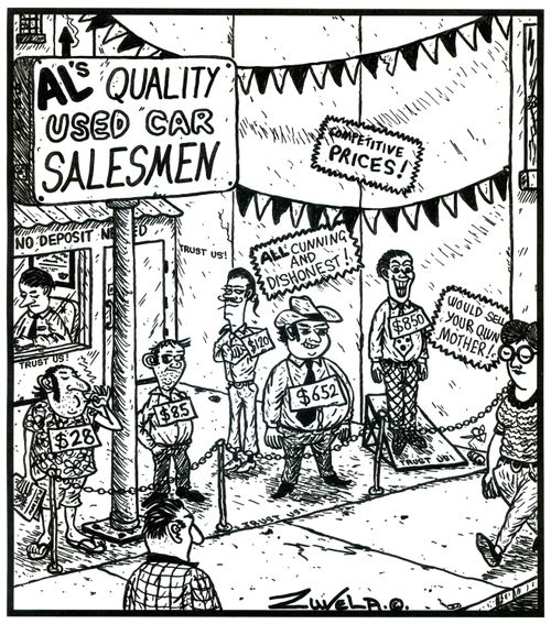 AL's quality used car salesmen (sign) (actual car salesmen on sale)