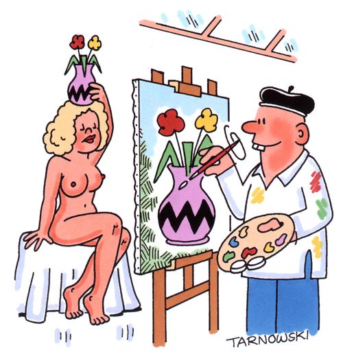 Artist ignoring a nude in favour of flowers.