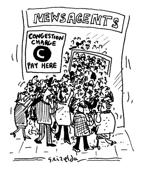 Queues to pay the London Congestion Charge.