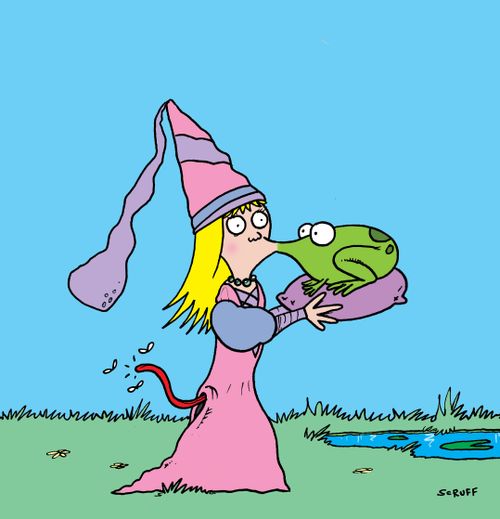 Frogs french-kissing a princess.