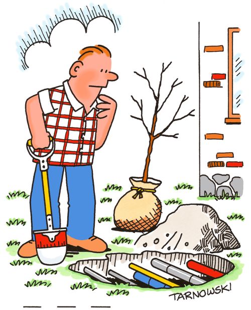 Gardener digging and finding pipes.