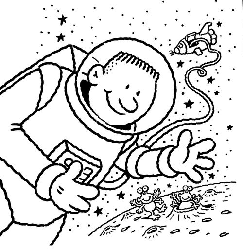 Spaceman (outside his ship) looking at aliens on a planet.