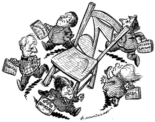 Musical chair game with 'brokers', 'retail',  'equities' etc.