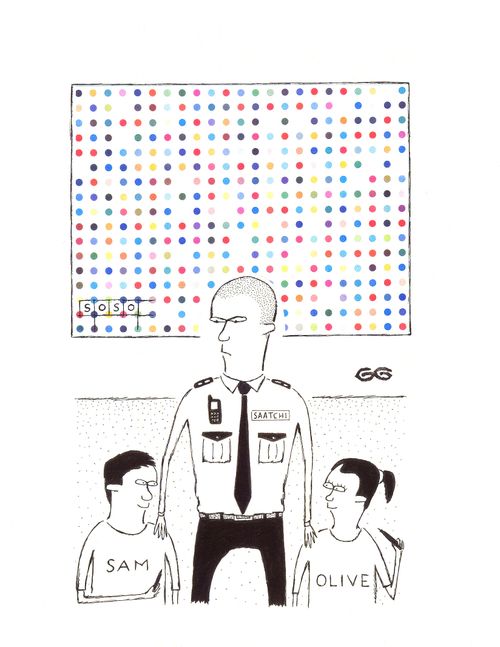 Two kids caught playing dots & boxes on a Damien Hirst painting, spelling the word 'so-so'.