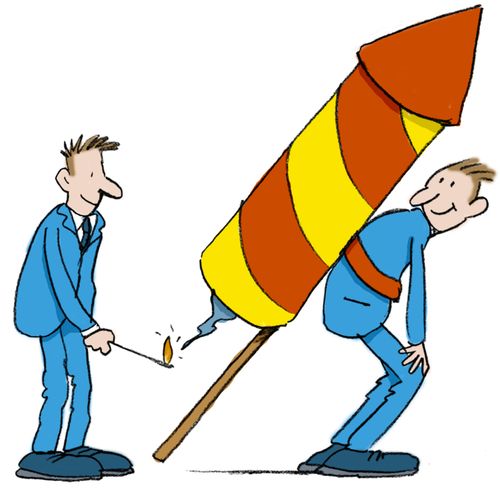 Man with giant firework strapped to his back has colleague light the fuse