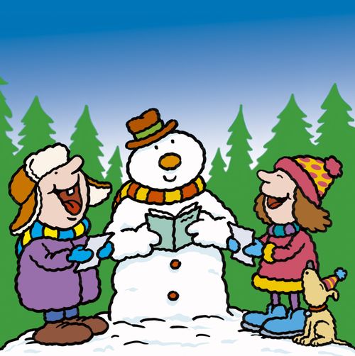 2 kids and a dog carol singing with a snowman in winter scene