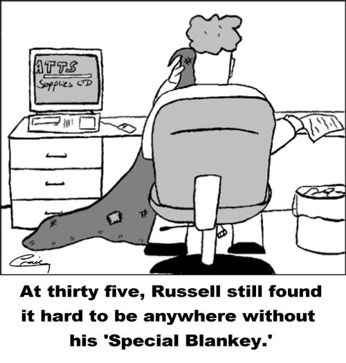 At thirty five, Russell still found it hard to be anywhere without his 'special blankey.'