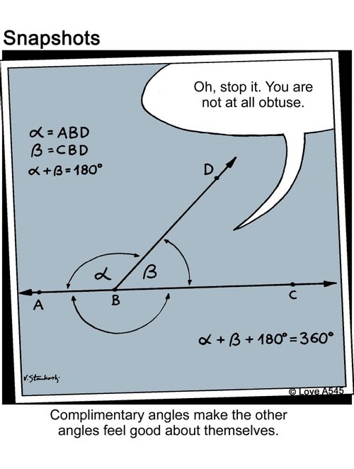 Complimentary angles make the other angles feel good about themselves.