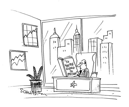 Businessman reading a book called 'So you're going to prison.'