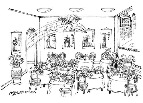 Kung food restaurant (Waiter flies through the air bringing the food).