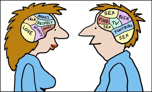 A man and woman face each other in profile. A diagram of their brains shows their desires.