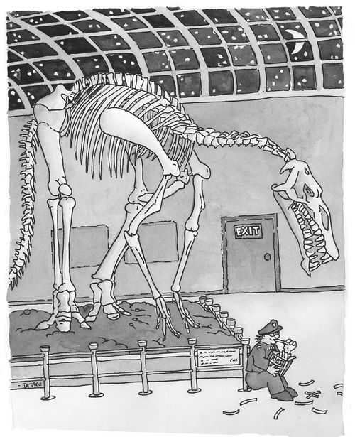 The night watchman eats ribs at the museum.