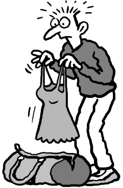 Embarrassed man finds a skimpy dress in his suitcase.