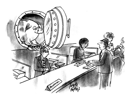 Piggy bank in the safe of a bank.