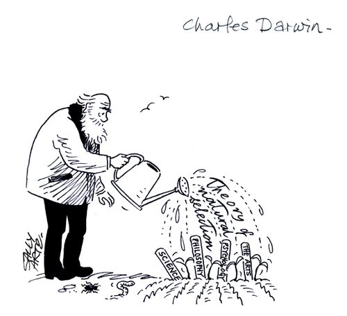 Man watering with the 'Theory of Natural selection'.