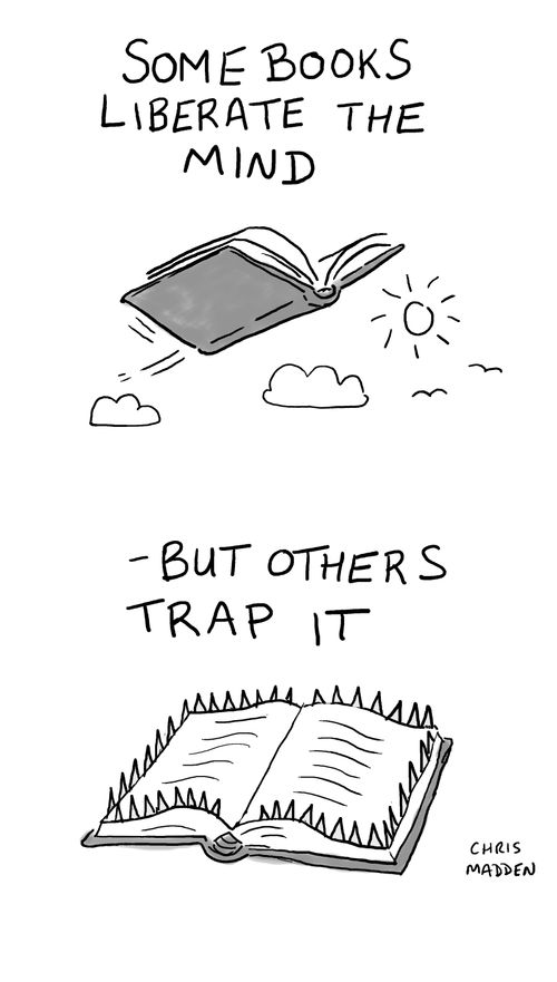 Two books. One liberates the mind, and appears to fly. The other entraps the mind, and appears as a snare trap