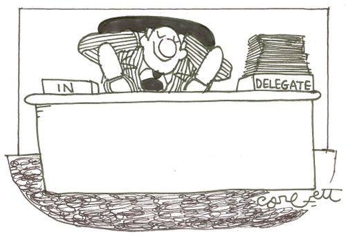 Desk boxes: 'IN...DELEGATE'