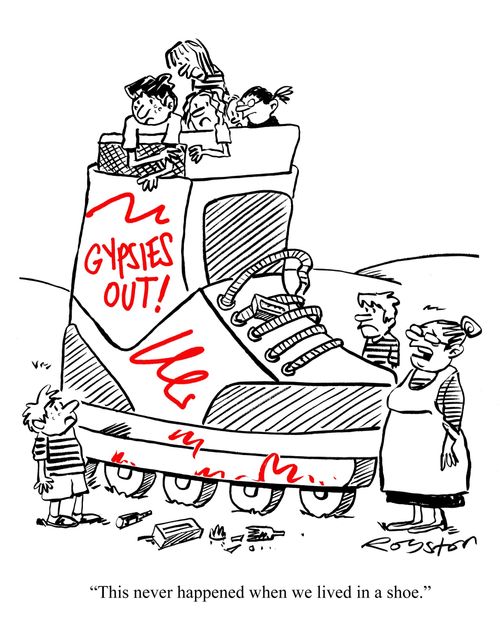 Old woman and family in graffiti-covered in-line skate: 'This never happened when we lived in a shoe.'