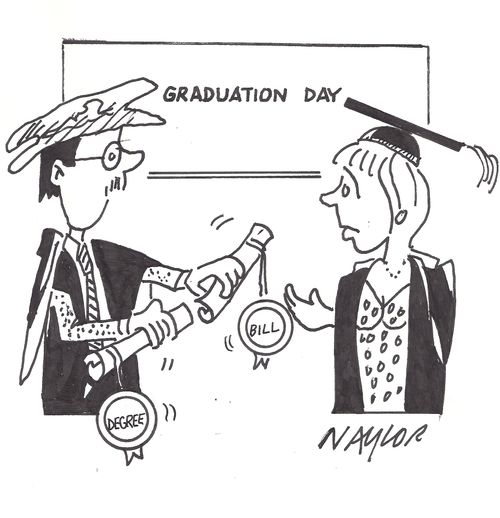Graduate is handed a bill with her degree certificate.