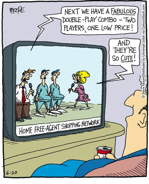 'Next we have a fabulous double-play combo - two players, one low price!'